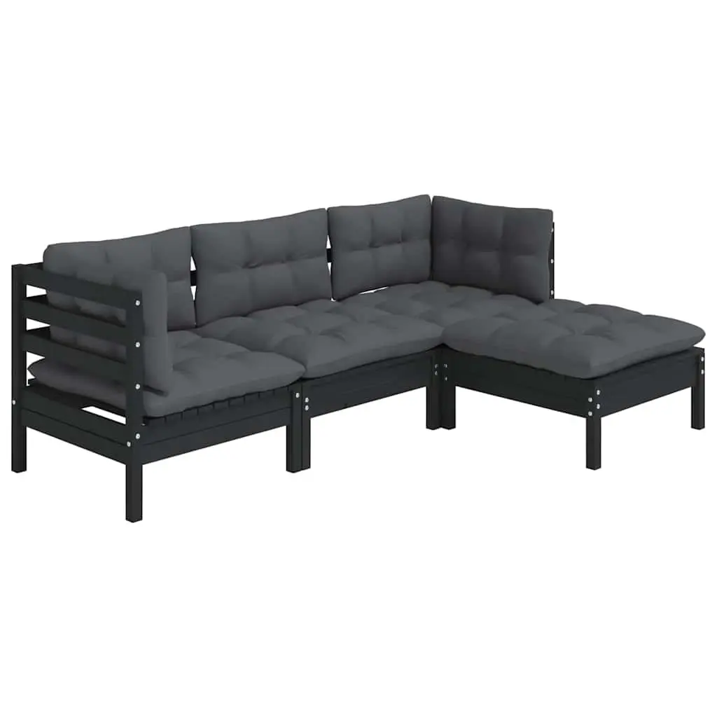 4 Piece Outdoor Lounge Set Black Modular Pinewood Furniture with Cushions