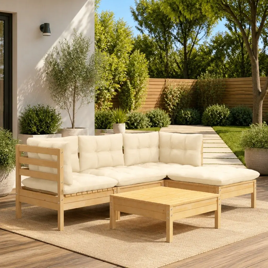Outdoor Garden Lounge Set Modular Solid Pinewood 5 Piece with Cream Cushions
