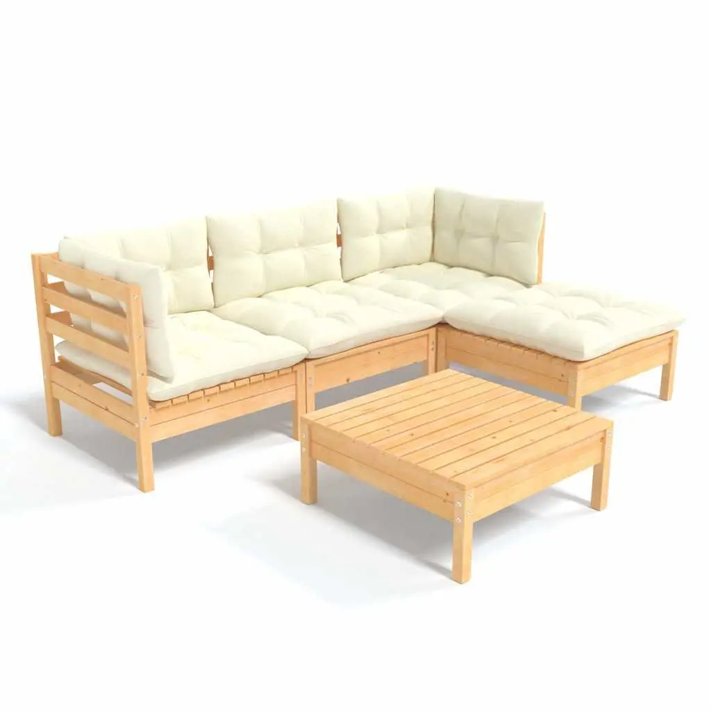 Outdoor Garden Lounge Set Modular Solid Pinewood 5 Piece with Cream Cushions