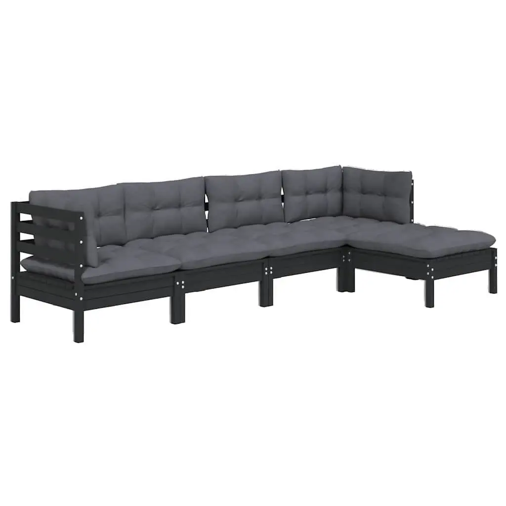 5 Piece Garden Lounge Set with Cushions Black Pinewood Outdoor Patio Furniture
