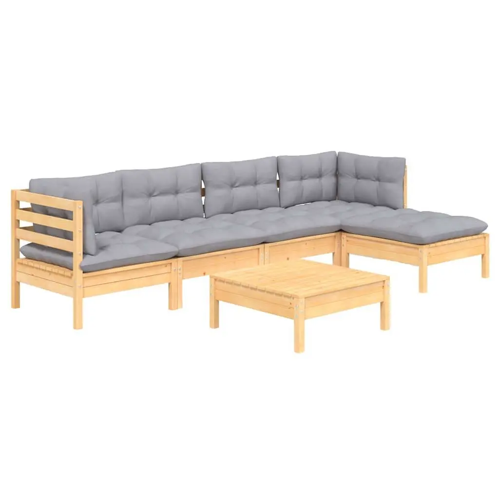 6 Piece Wooden Garden Lounge Set with Grey Cushions