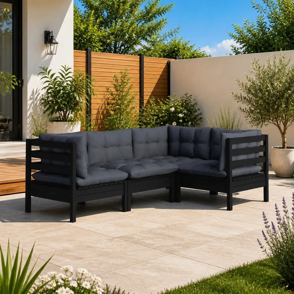 Garden Lounge Set 4 Piece Outdoor Patio Furniture Black Pinewood with Cushions