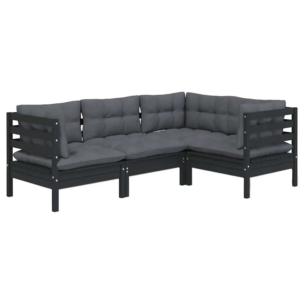 Garden Lounge Set 4 Piece Outdoor Patio Furniture Black Pinewood with Cushions