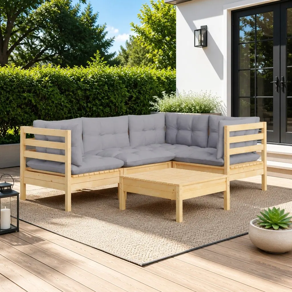 Garden Lounge Set Wooden Patio Furniture 5 Piece Grey Cushions Outdoor Seating