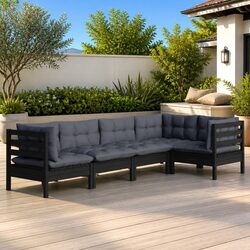 Garden Lounge Set 5 Piece Black Pinewood Outdoor Furniture with Cushions Patio