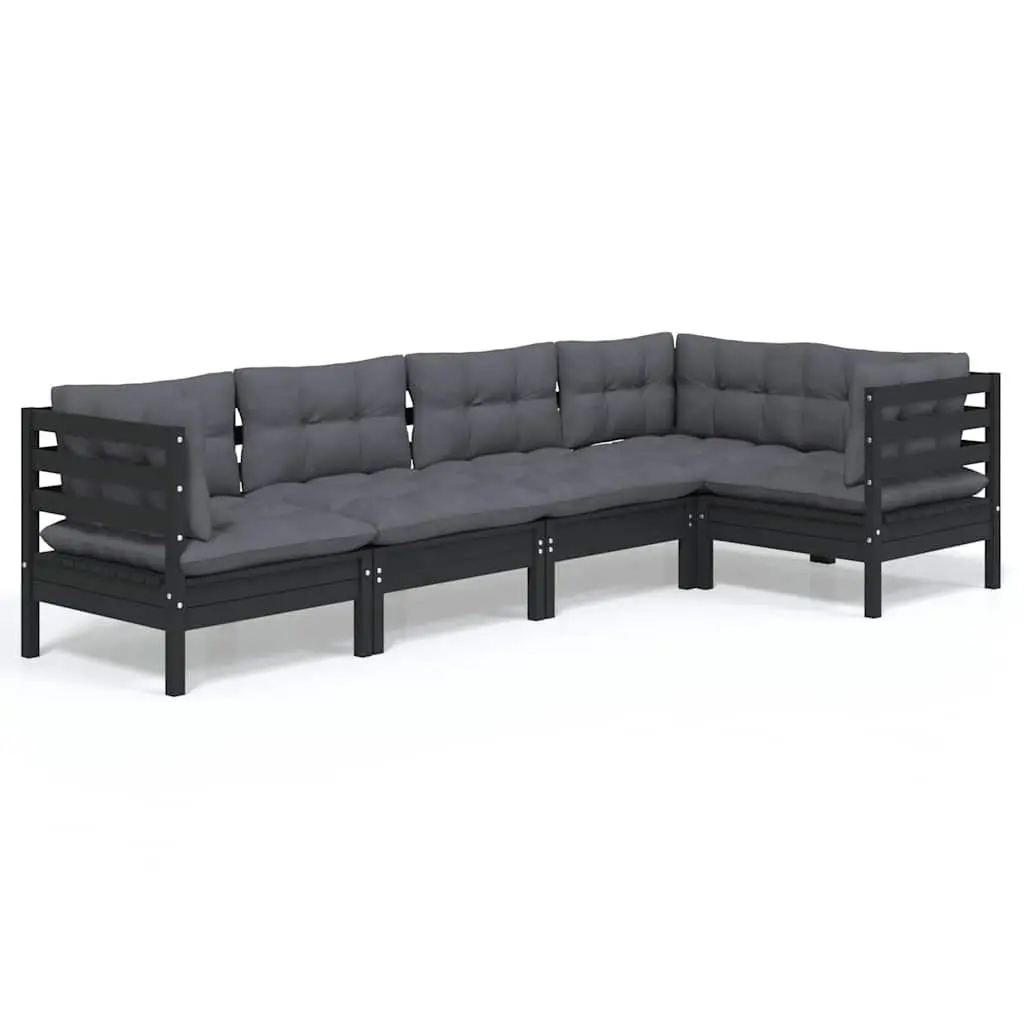 Garden Lounge Set 5 Piece Black Pinewood Outdoor Furniture with Cushions Patio