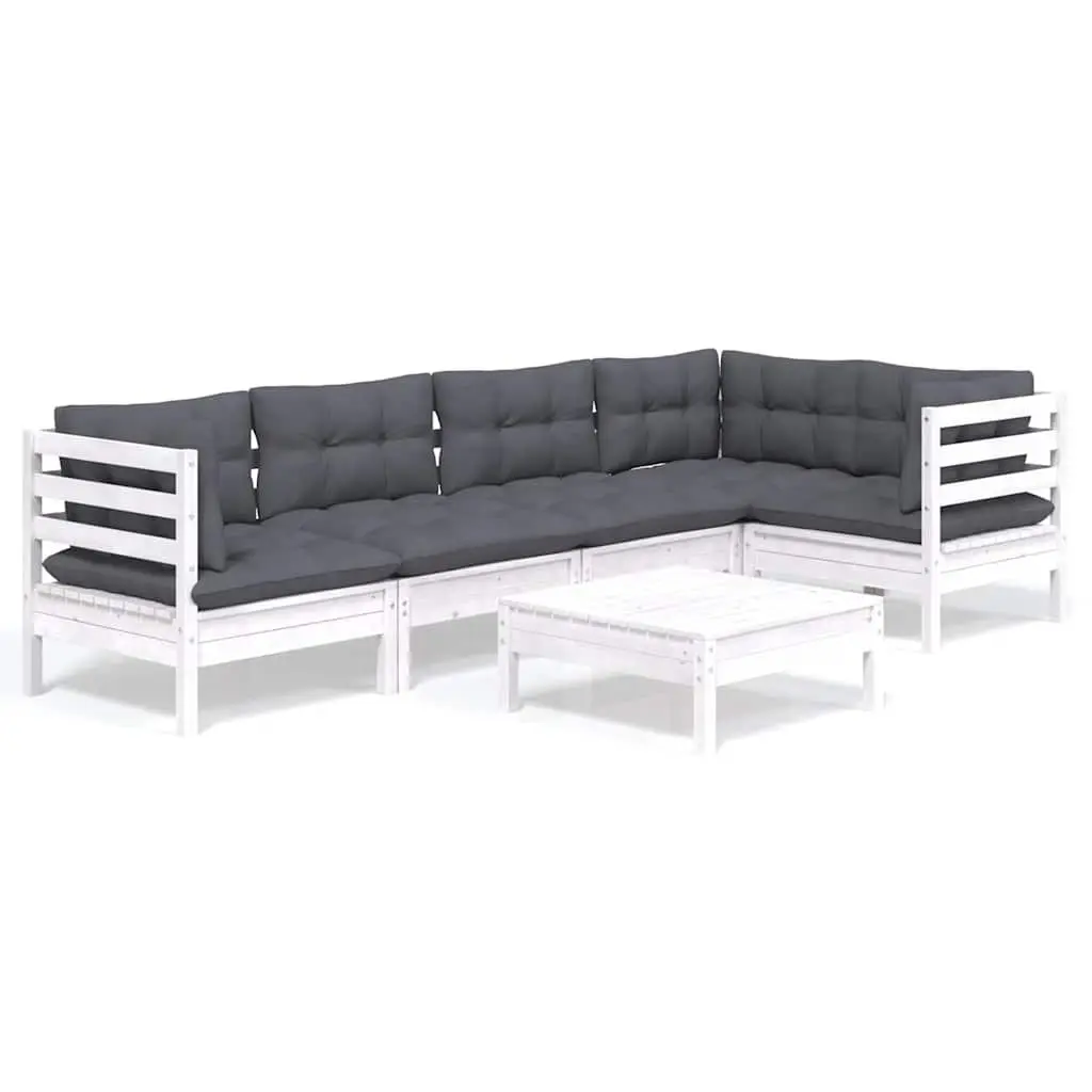 Wooden Garden Lounge Set 6 Piece White Pinewood Patio Furniture with Cushions