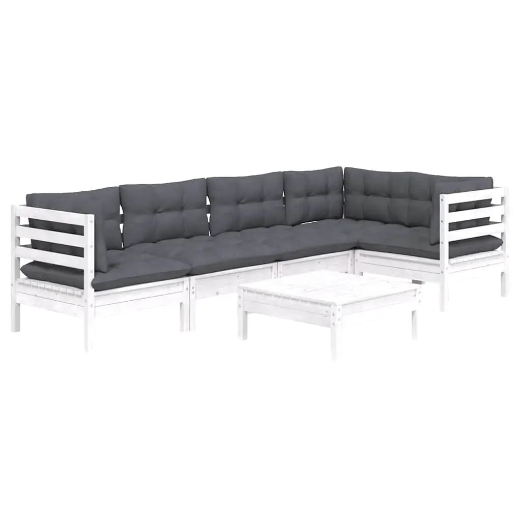 Wooden Garden Lounge Set 6 Piece White Pinewood Patio Furniture with Cushions