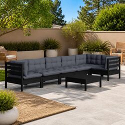 Garden Lounge Set 7 Piece Black Pinewood Outdoor Furniture with Cushions