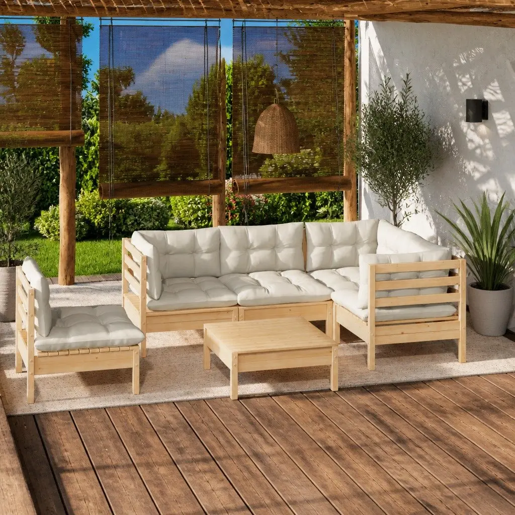 Garden Lounge Set Modular Wooden Patio Furniture 6 Piece with Cream Cushions