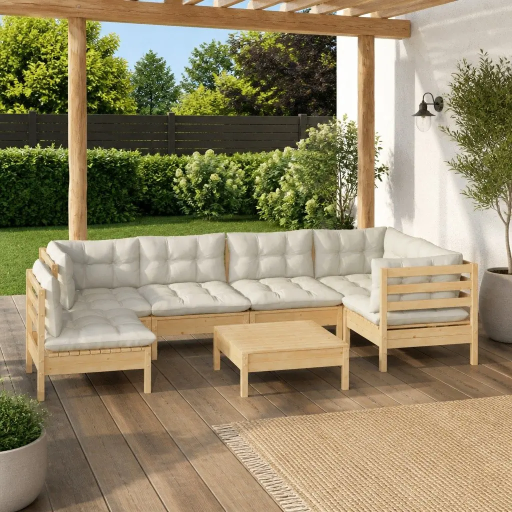 Garden Lounge Set 7 Piece Outdoor Patio Furniture with Cream Cushions Pinewood