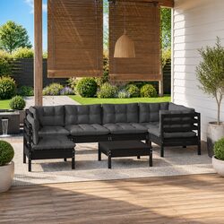 7 Piece Garden Lounge Set Black Outdoor Patio Furniture with Cushions Pinewood