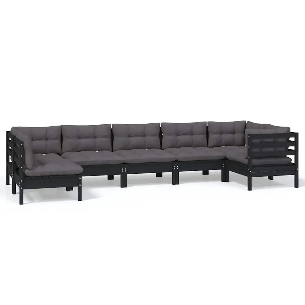 7 Piece Garden Lounge Set with Cushions Black Pinewood Outdoor Patio Furniture