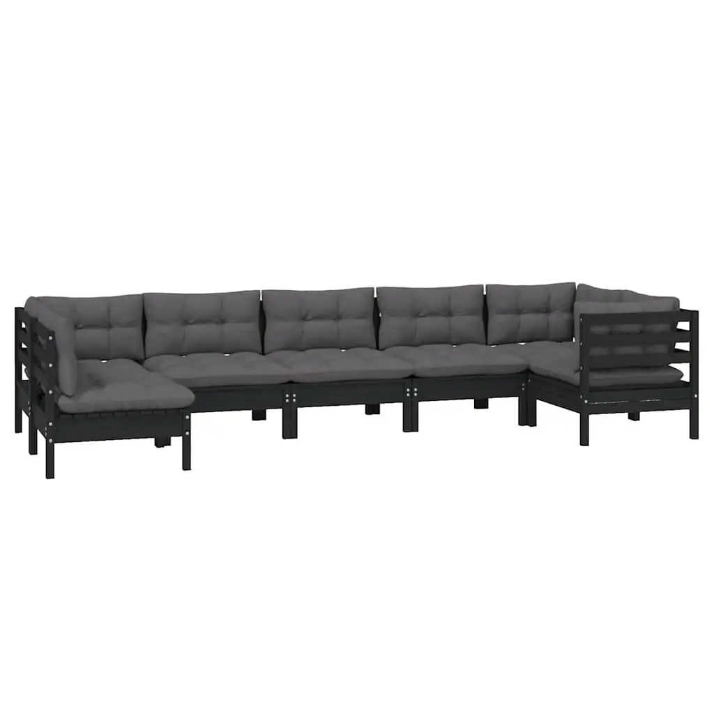 7 Piece Garden Lounge Set with Cushions Black Pinewood Outdoor Patio Furniture