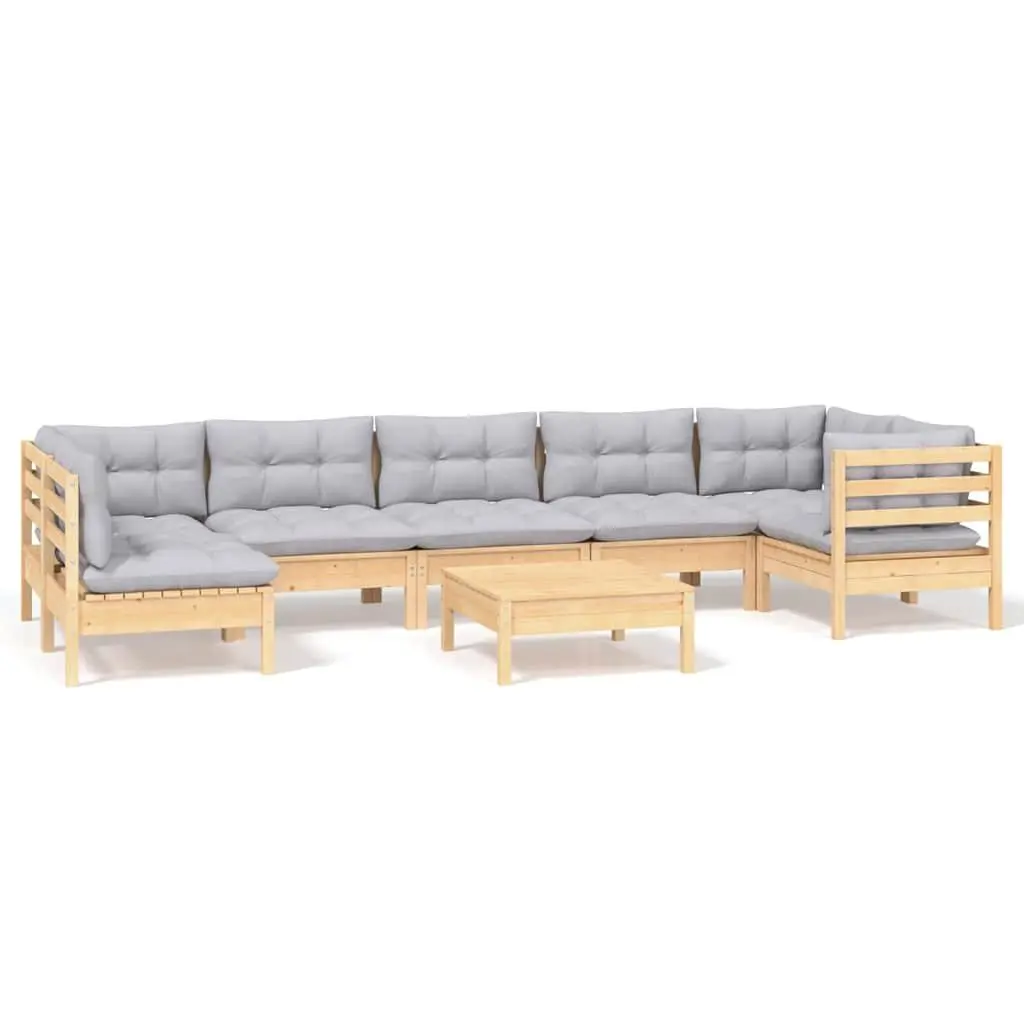Garden Lounge Set 8 Piece Outdoor Patio Furniture with Grey Cushions Pinewood