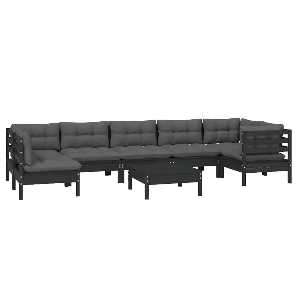 8 Piece Garden Lounge Set Black Pinewood with Cushions Outdoor
