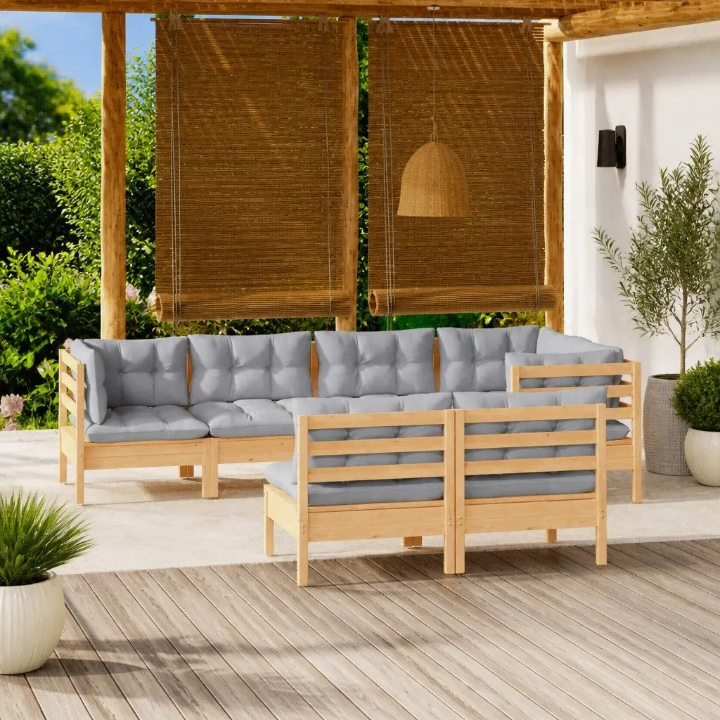 Outdoor Patio Furniture 7 Piece Modular Garden Lounge Set Grey Cushions Pinewood
