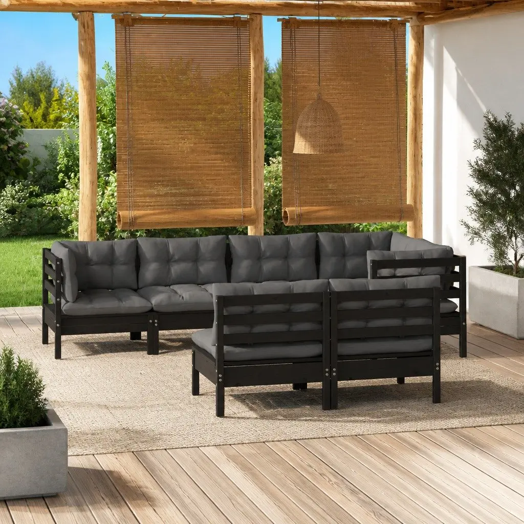 Garden Lounge Set 7 Piece Outdoor Furniture Black Pinewood with Cushions Patio