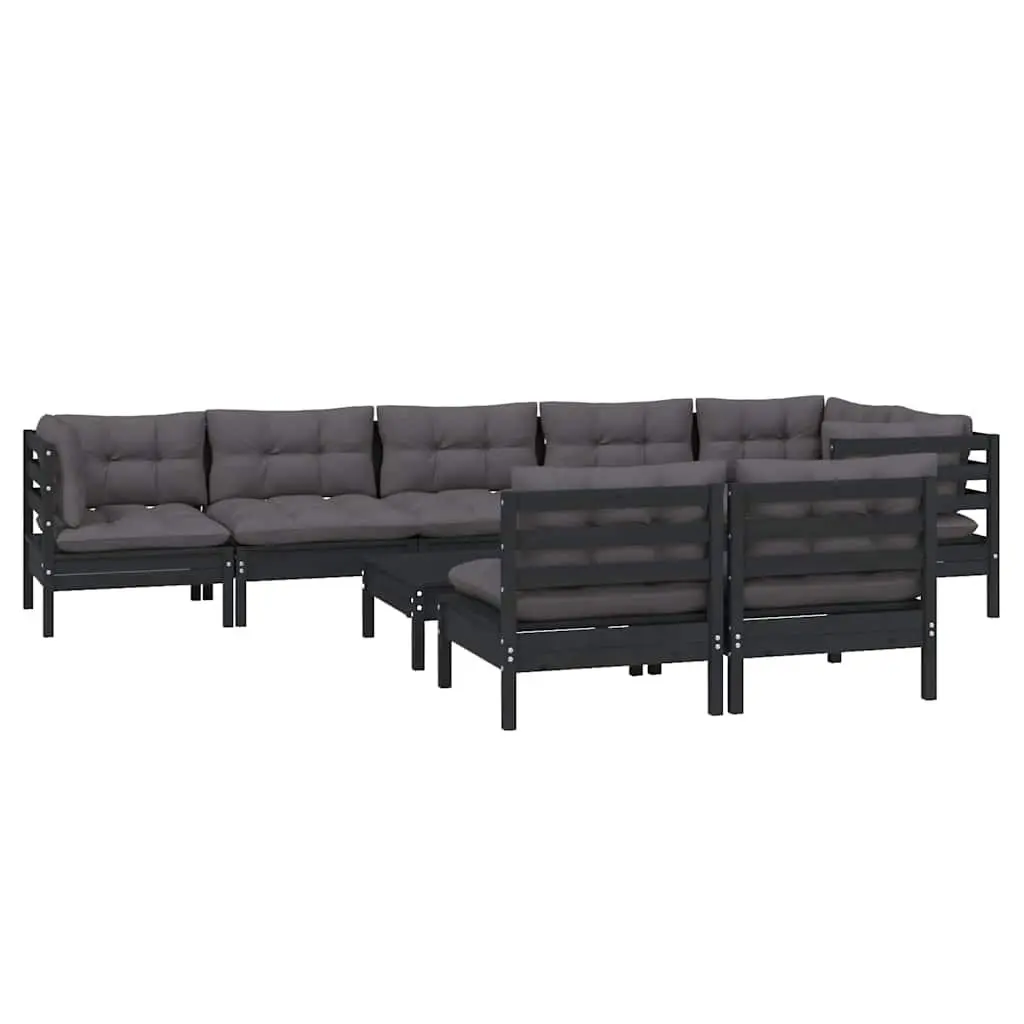 Garden Lounge Set Solid Pinewood 9 Piece Black with Cushions
