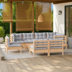 Garden Lounge Set 9 Piece Outdoor Patio Furniture with Grey Cushions Pinewood