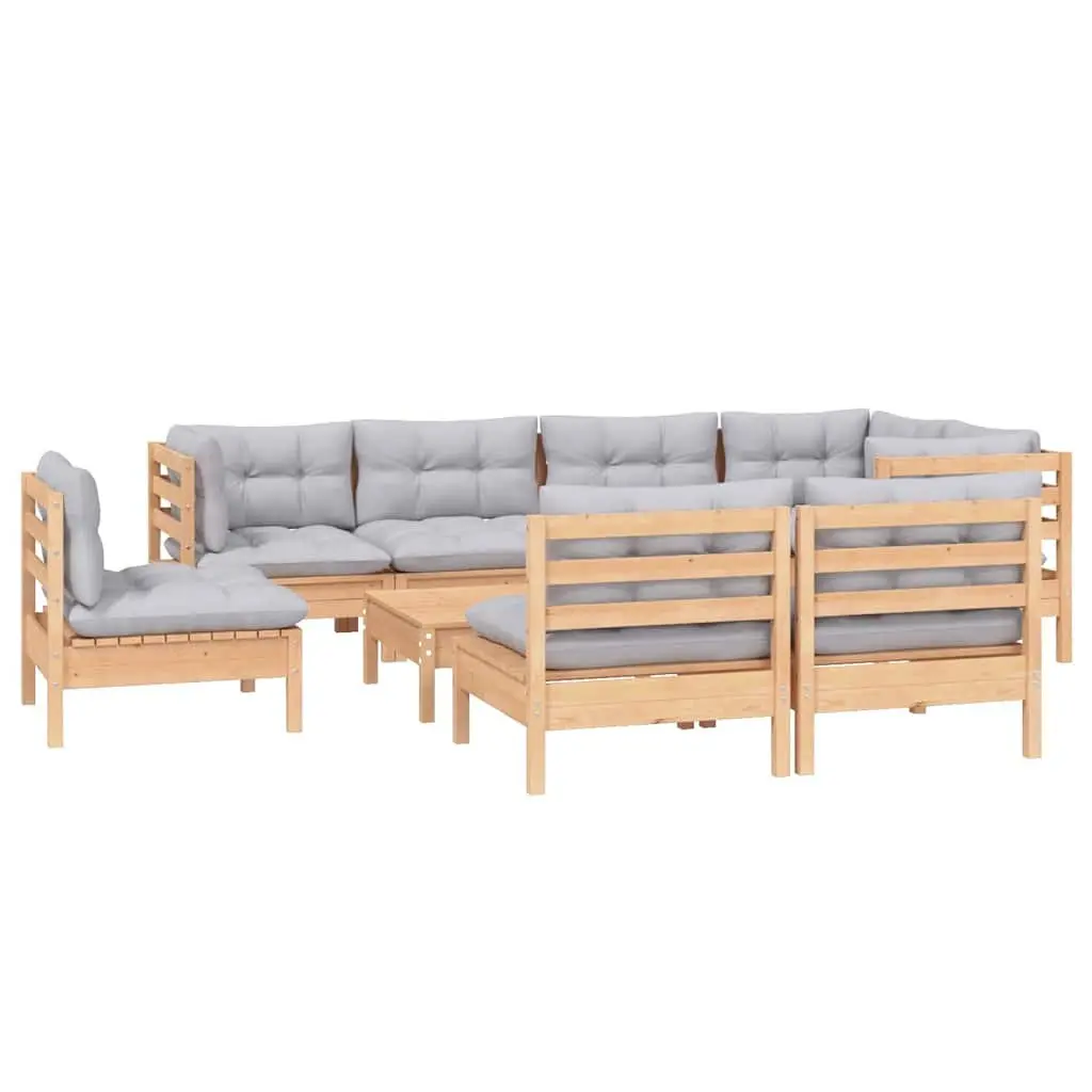 Garden Lounge Set 9 Piece Outdoor Patio Furniture with Grey Cushions Pinewood