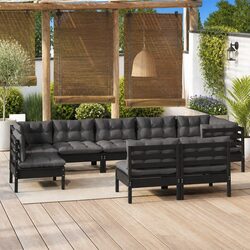 Garden Lounge Set 9 Piece Outdoor Patio Furniture Black Pinewood with Cushions