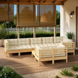Garden Lounge Set 9 Piece Outdoor Patio Furniture Solid Pinewood Cream Cushions