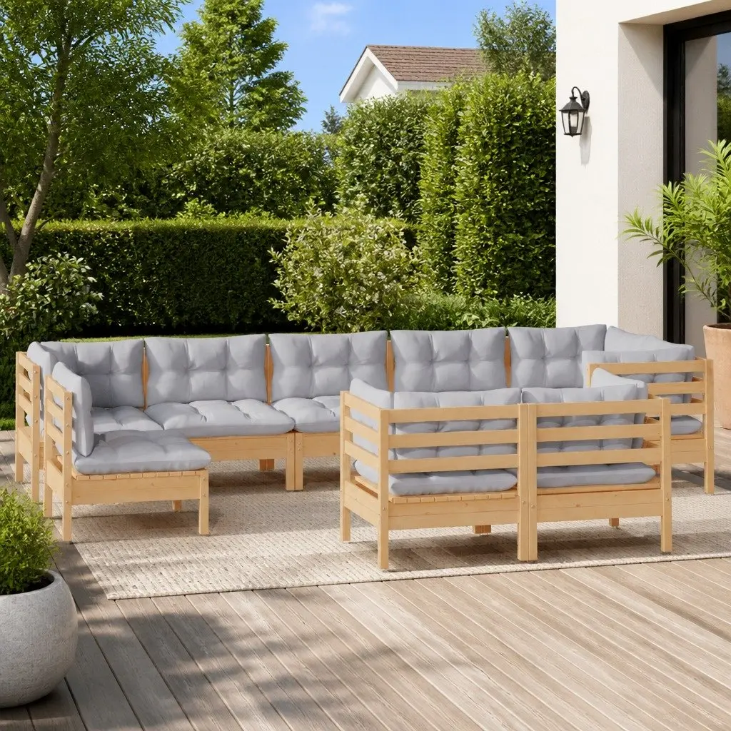 9 Piece Modular Outdoor Patio Furniture Set with Grey Cushions Solid Pinewood