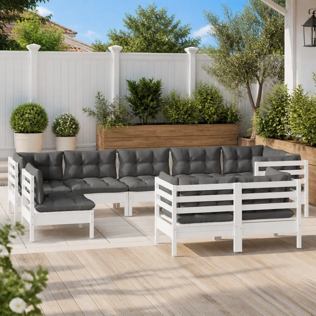 Garden Lounge Set 9 Piece Outdoor Furniture White Pinewood with Cushions Patio