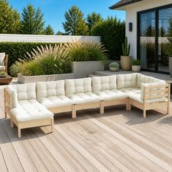 7 Piece Garden Lounge Set Outdoor Patio Furniture with Cream Cushions Solid Wood
