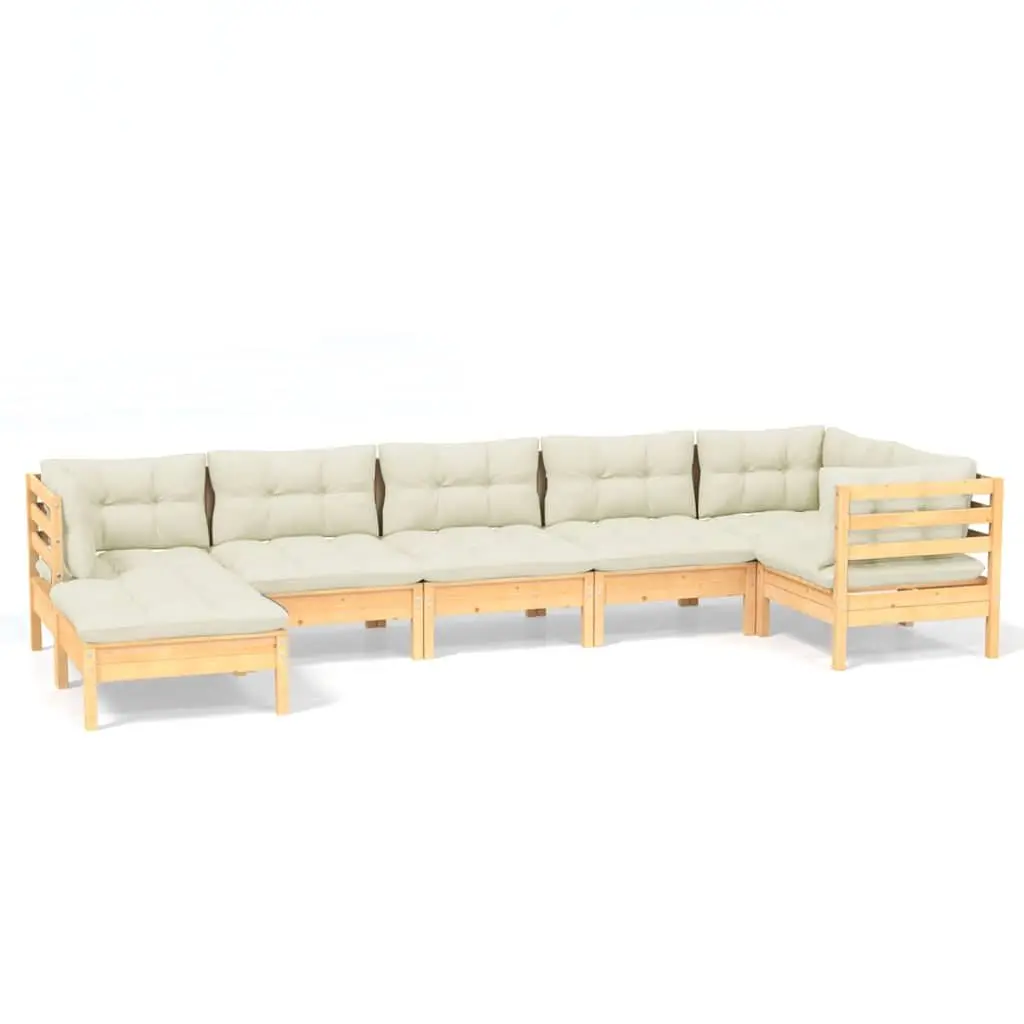 7 Piece Garden Lounge Set Solid Pinewood Construction Cream Cushions