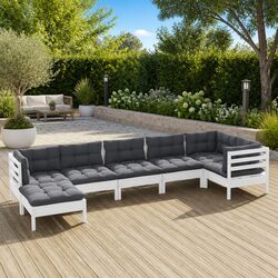 7 Piece Garden Lounge Set with Cushions White Solid Pinewood Outdoor Patio