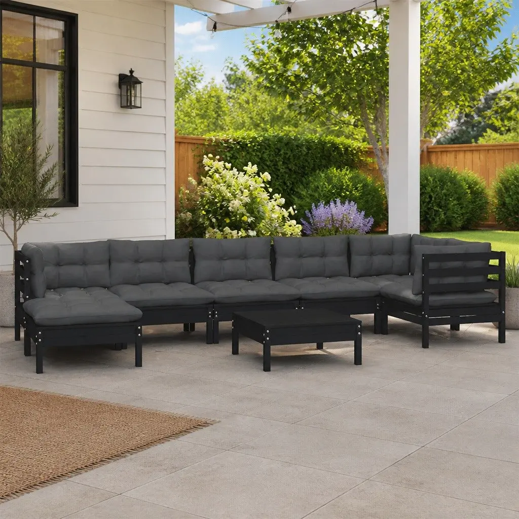 8 Piece Garden Lounge Set Black Pinewood with Cushions