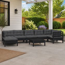 8 Piece Garden Lounge Set with Cushions Black Pinewood Outdoor Patio Furniture