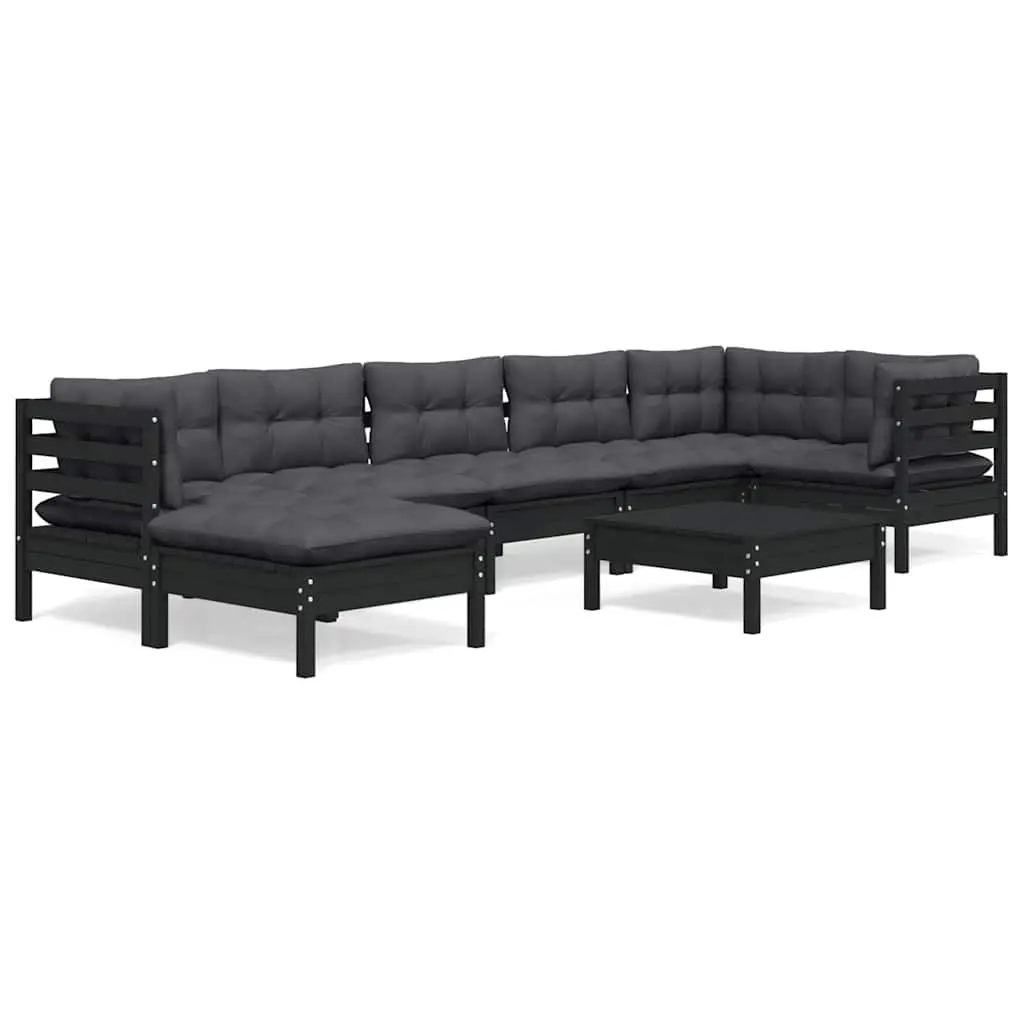 8 Piece Garden Lounge Set Black Pinewood with Cushions
