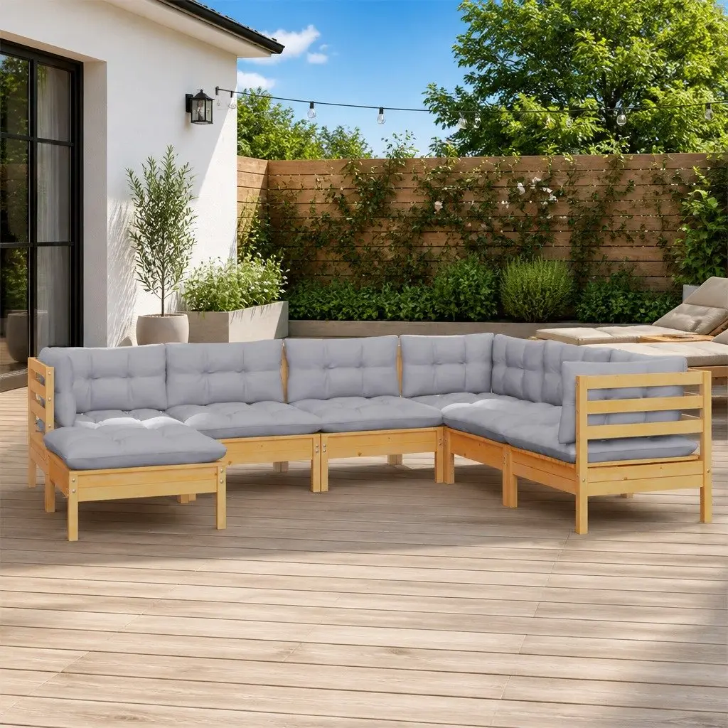 Outdoor Furniture Set 7 Piece Modular Garden Lounge with Grey Cushions and Solid Pinewood Construction Brown