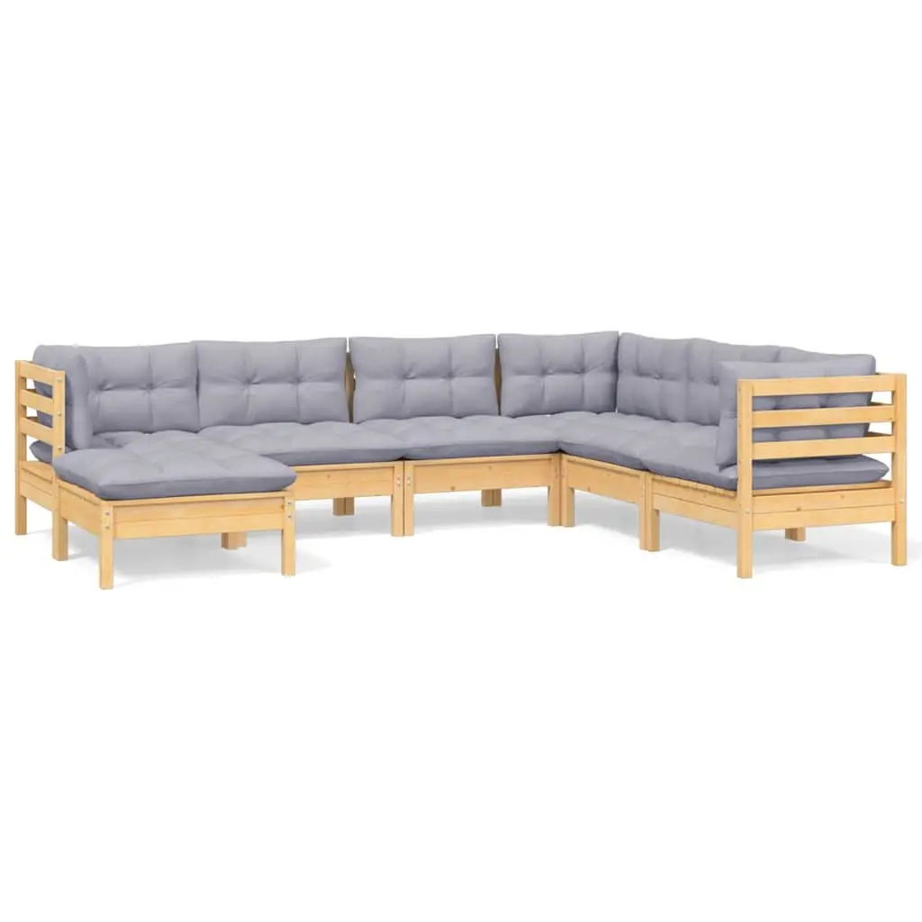 Outdoor Furniture Set 7 Piece Modular Garden Lounge with Grey Cushions and Solid Pinewood Construction Brown