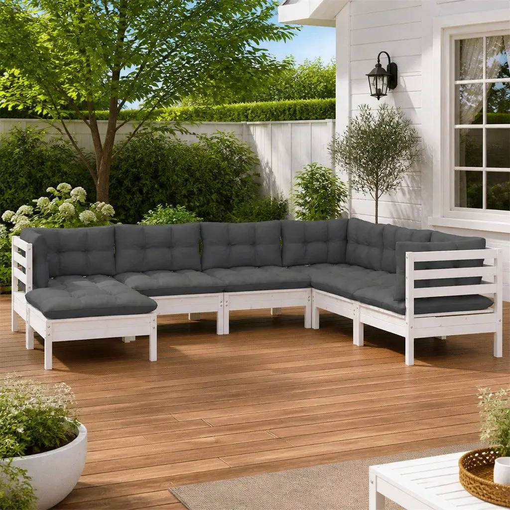 Modular 7 Piece Outdoor Patio Furniture Garden Lounge Set White with Cushions