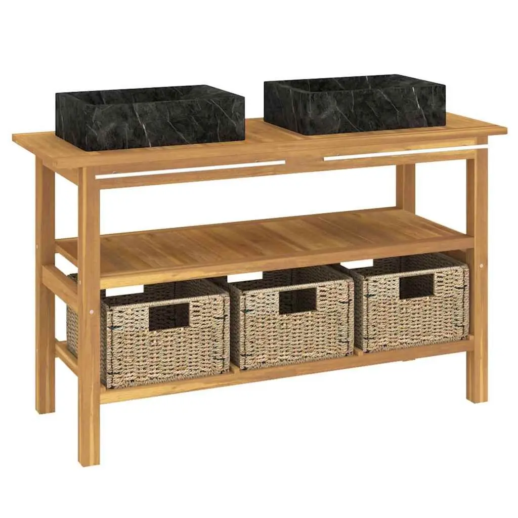 Bathroom Vanity Cabinet Dual Marble Basins Solid Teak Wood 2 Sink 3 Storage Baskets