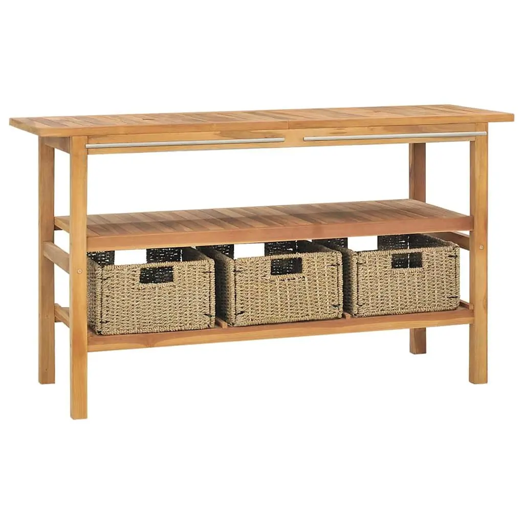Bathroom Vanity Cabinet Dual Marble Basins Solid Teak Wood 2 Sink 3 Storage Baskets