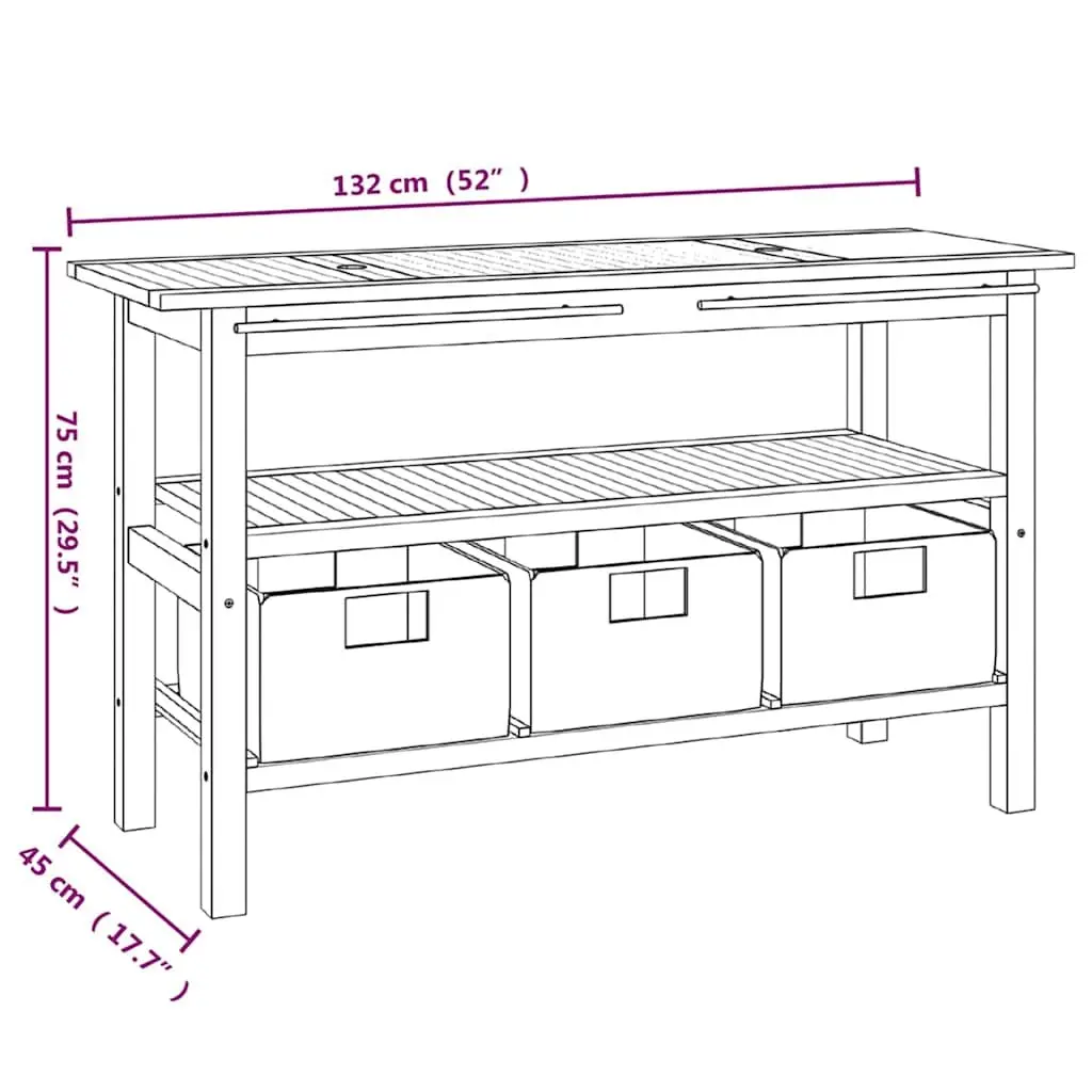 Bathroom Vanity Cabinet Dual Marble Basins Solid Teak Wood 2 Sink 3 Storage Baskets