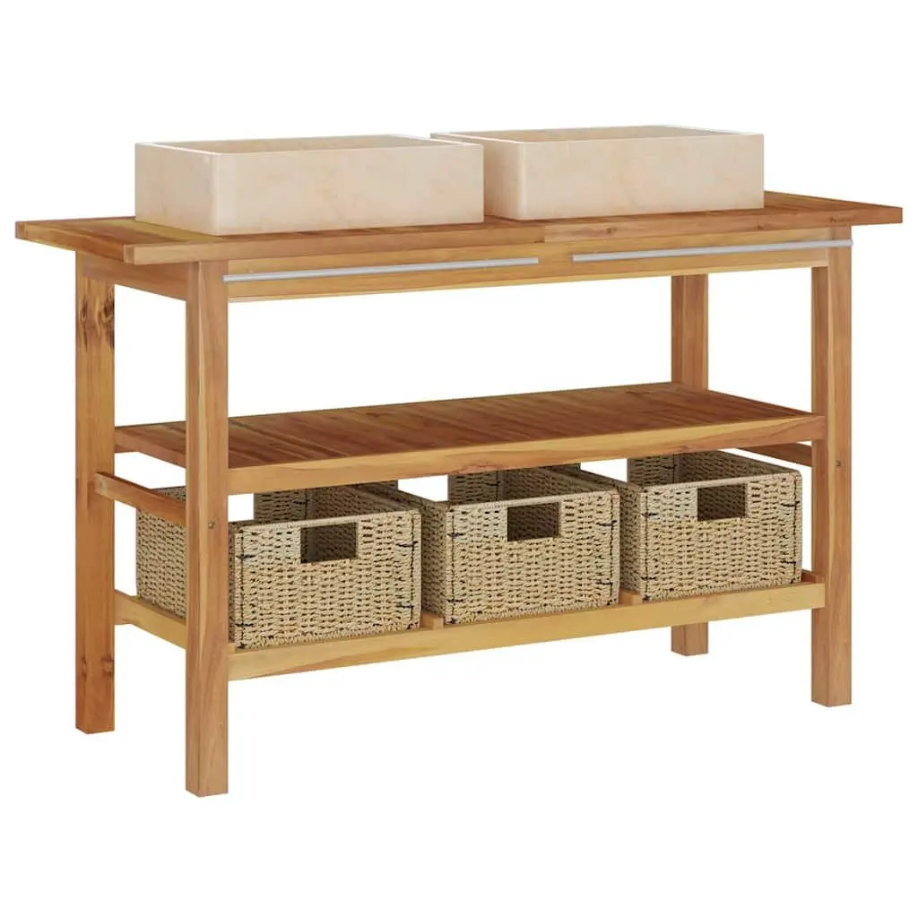 Bathroom Vanity Cabinet Cream Marble Dual Sinks Solid Teak Wood Storage Unit