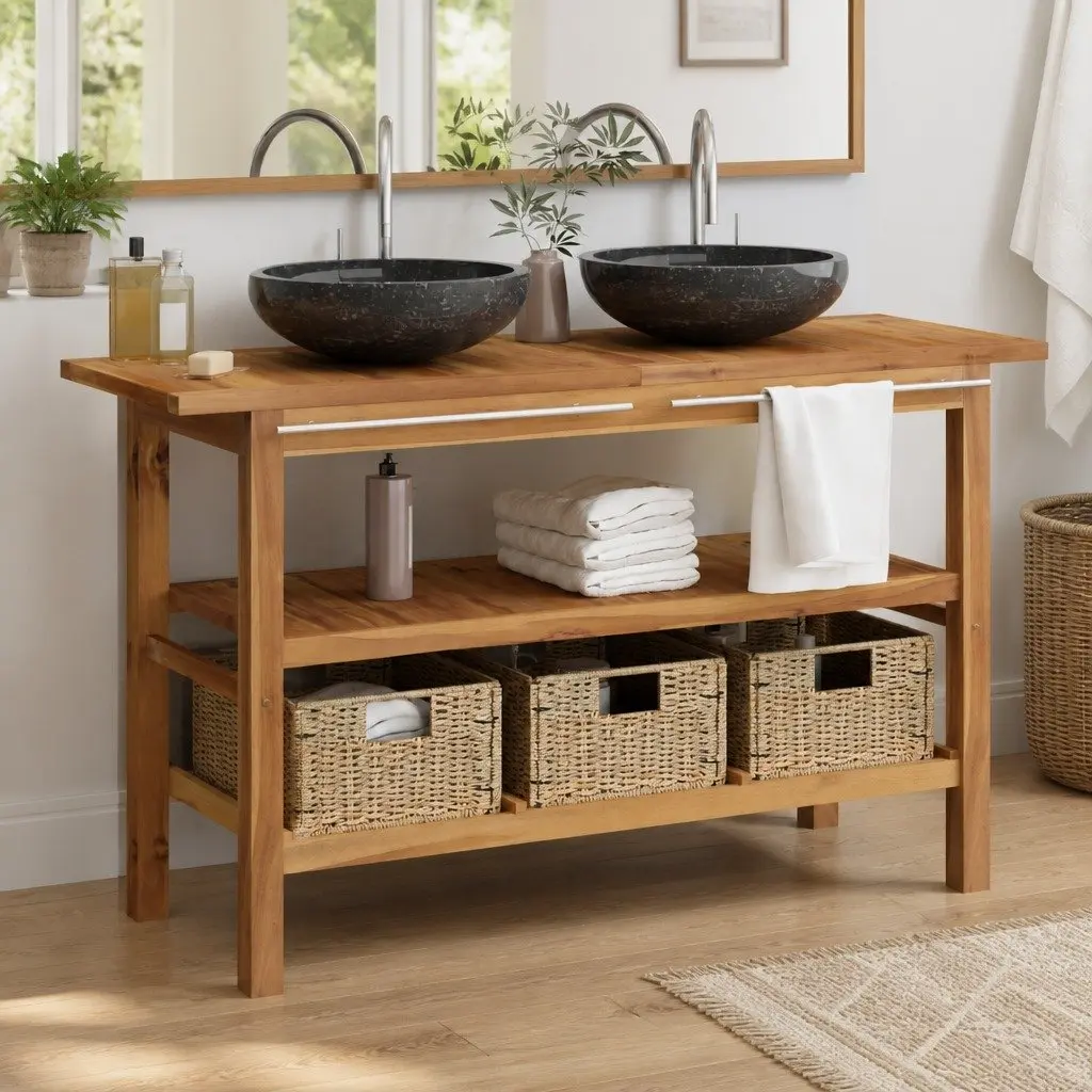 Bathroom Vanity Cabinet Solid Teak Wood Double Sink Unit with 3 Storage Baskets