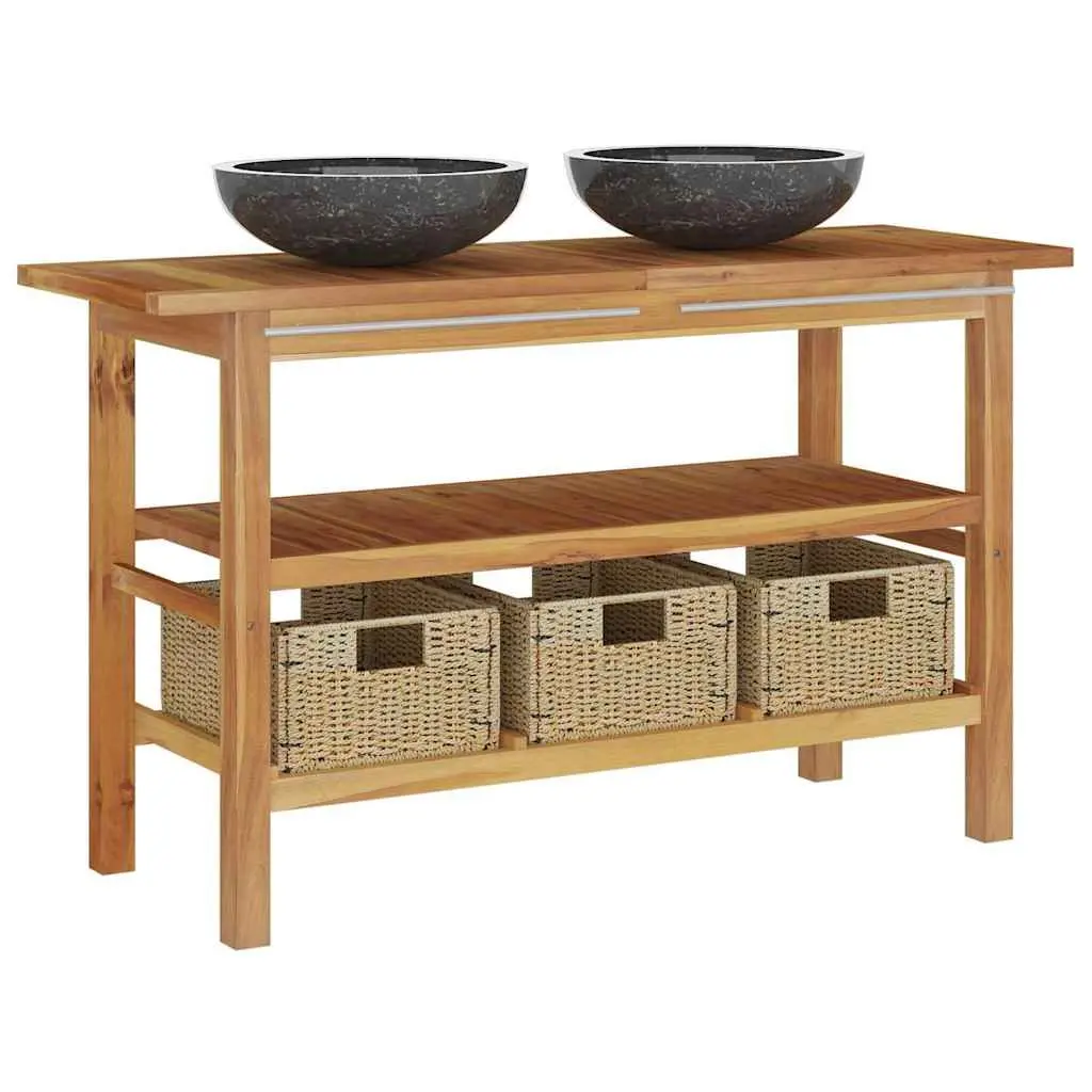 Bathroom Vanity Cabinet Solid Teak Wood Double Sink Unit with 3 Storage Baskets