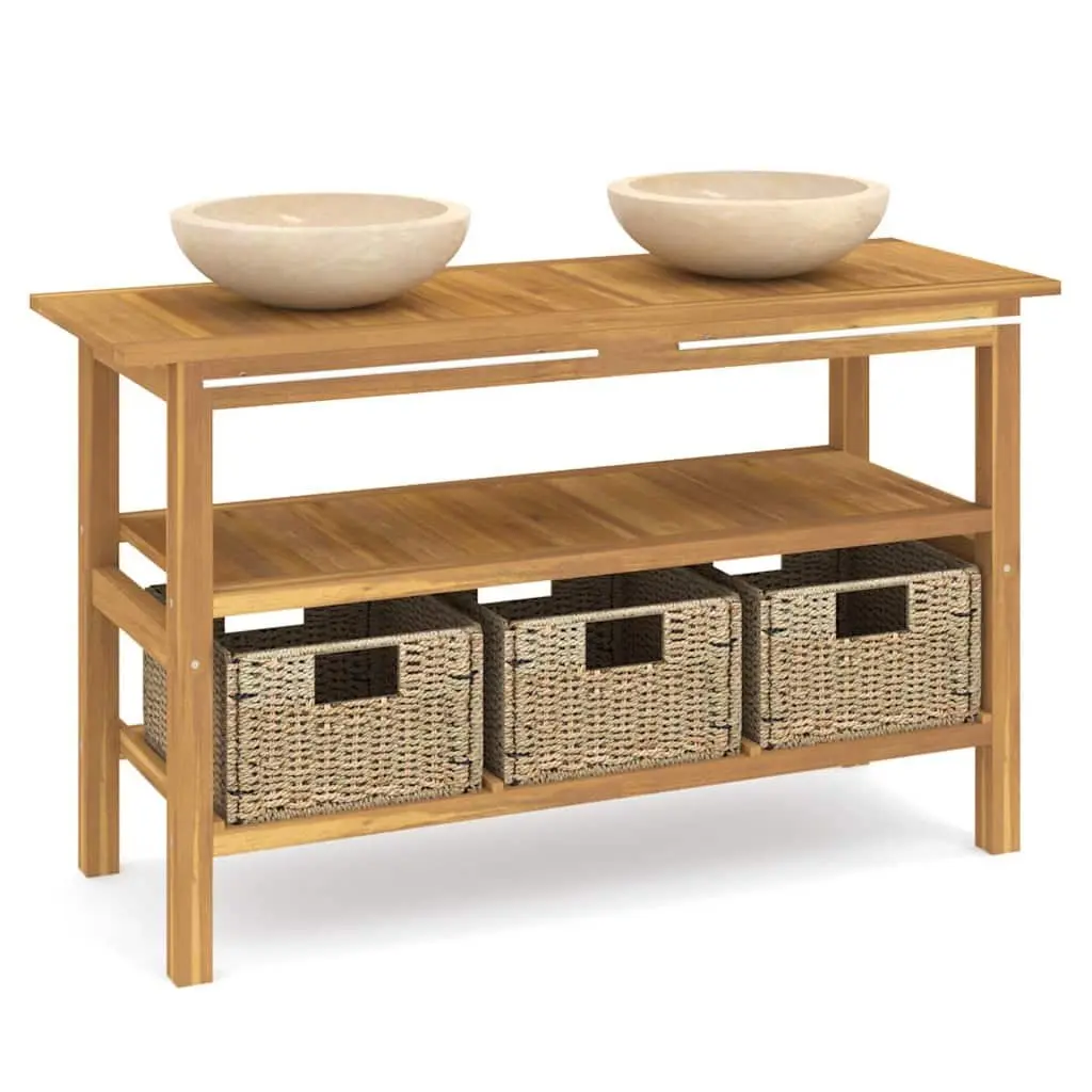 Bathroom Vanity Cabinet with 2 Marble Sinks Solid Teak Wood Storage Baskets