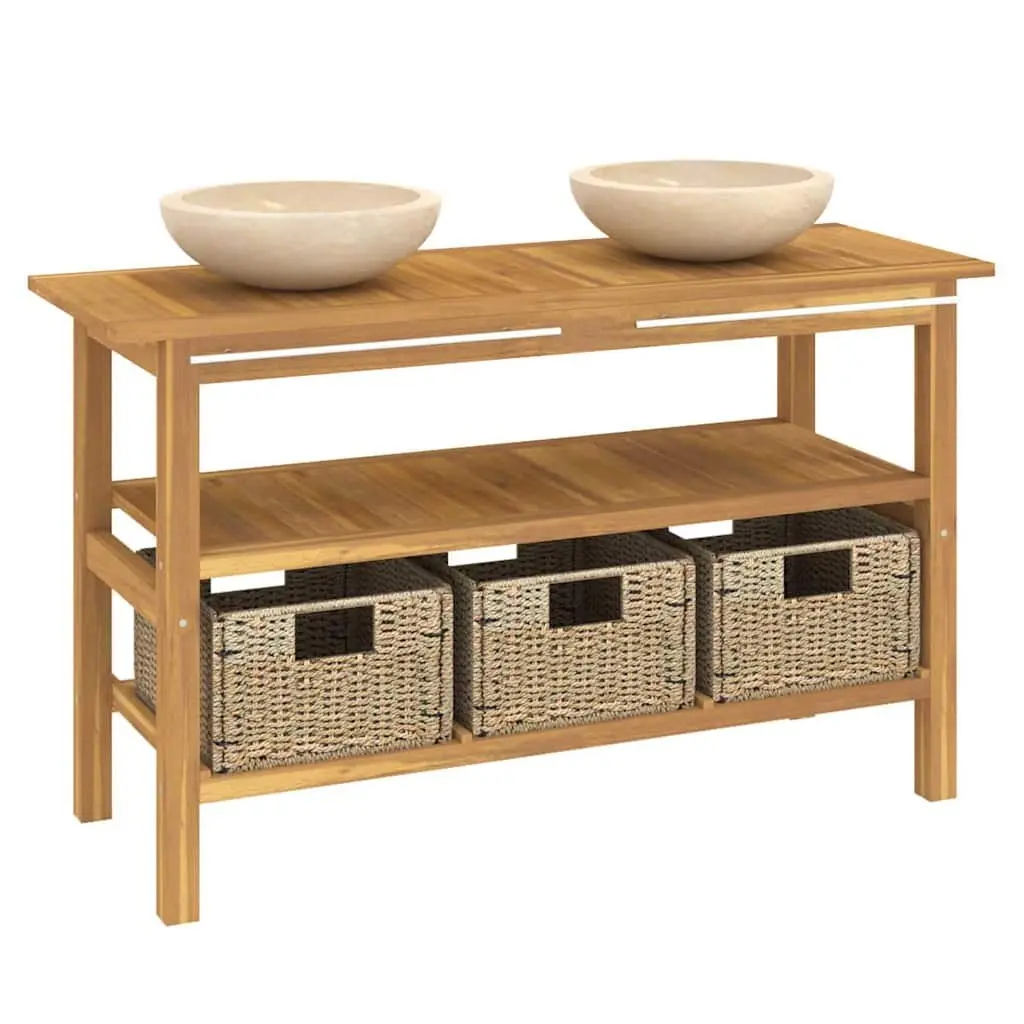 Bathroom Vanity Cabinet with 2 Marble Sinks Solid Teak Wood Storage Baskets