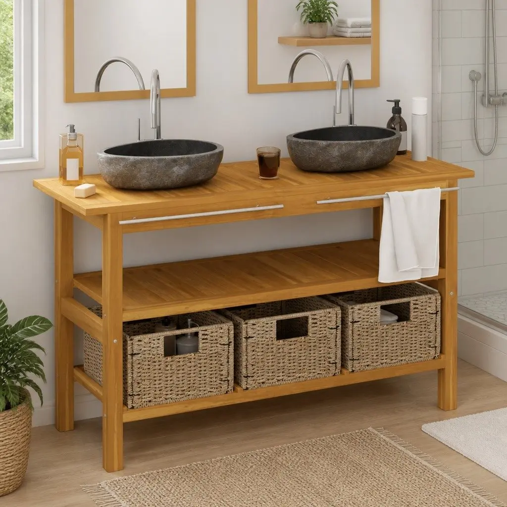 Bathroom Vanity Cabinet Dual Basin River Stone Sinks Solid Teak Wood
