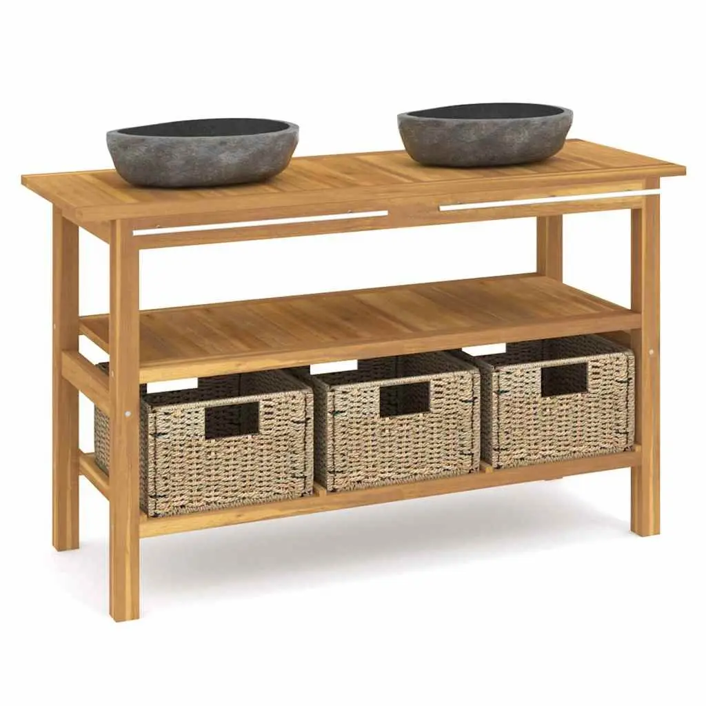 Bathroom Vanity Cabinet Dual Basin River Stone Sinks Solid Teak Wood