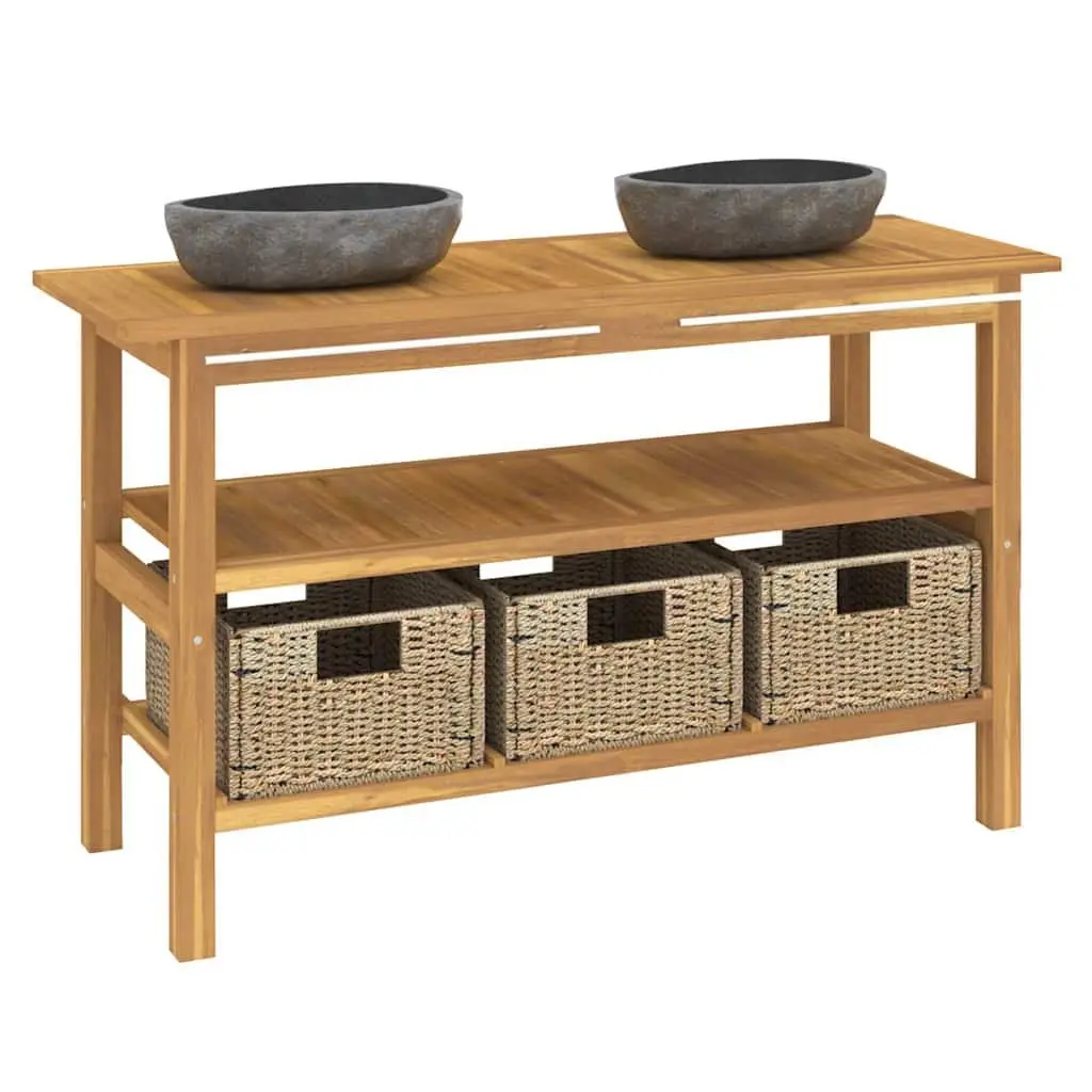 Bathroom Vanity Cabinet Dual Basin River Stone Sinks Solid Teak Wood