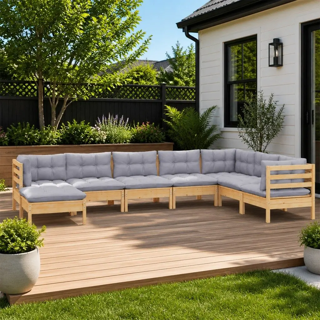Garden Lounge Set 8 Piece Outdoor Furniture Patio Sofa Grey Cushions Pinewood